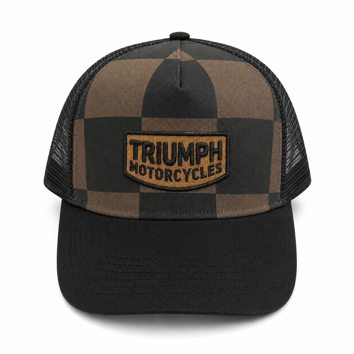 A Triumph Motorcycles trucker hat featuring a brown and black checkered front panel, black mesh back, and a black curved brim with an embroidered brown patch.