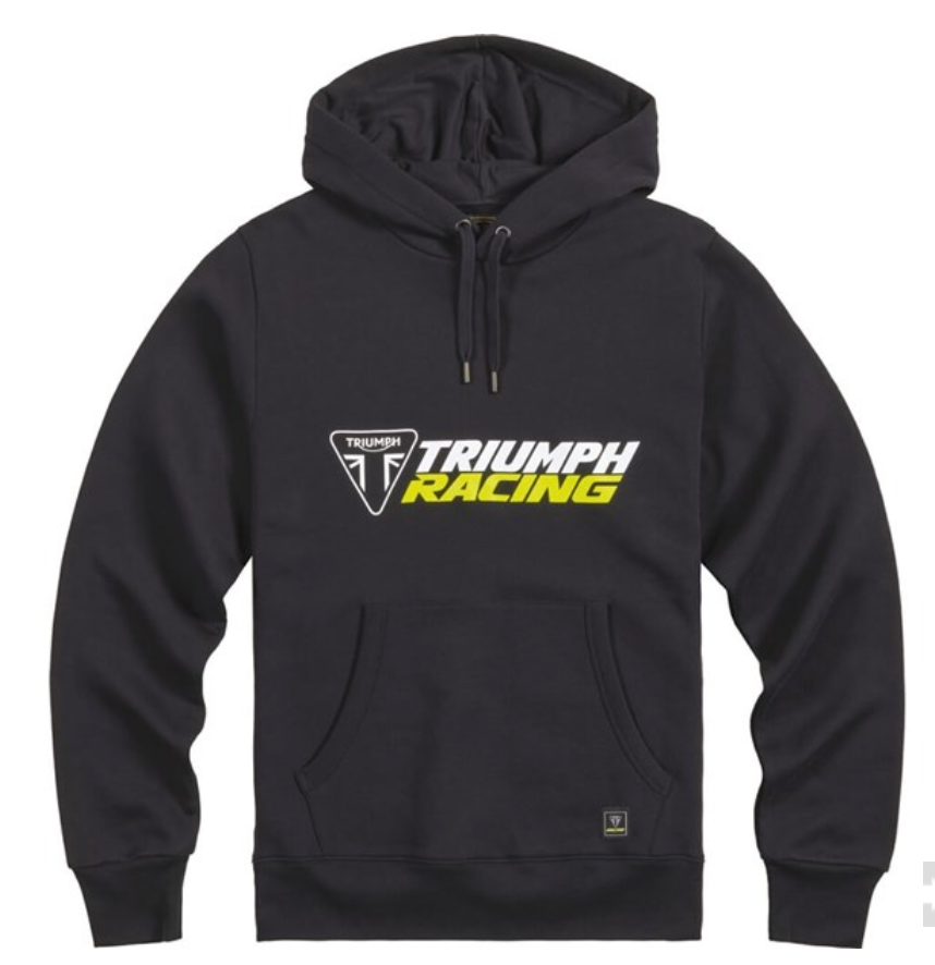A black Triumph Racing pullover hoodie with a white and yellow logo on the chest, displayed against a solid white background.