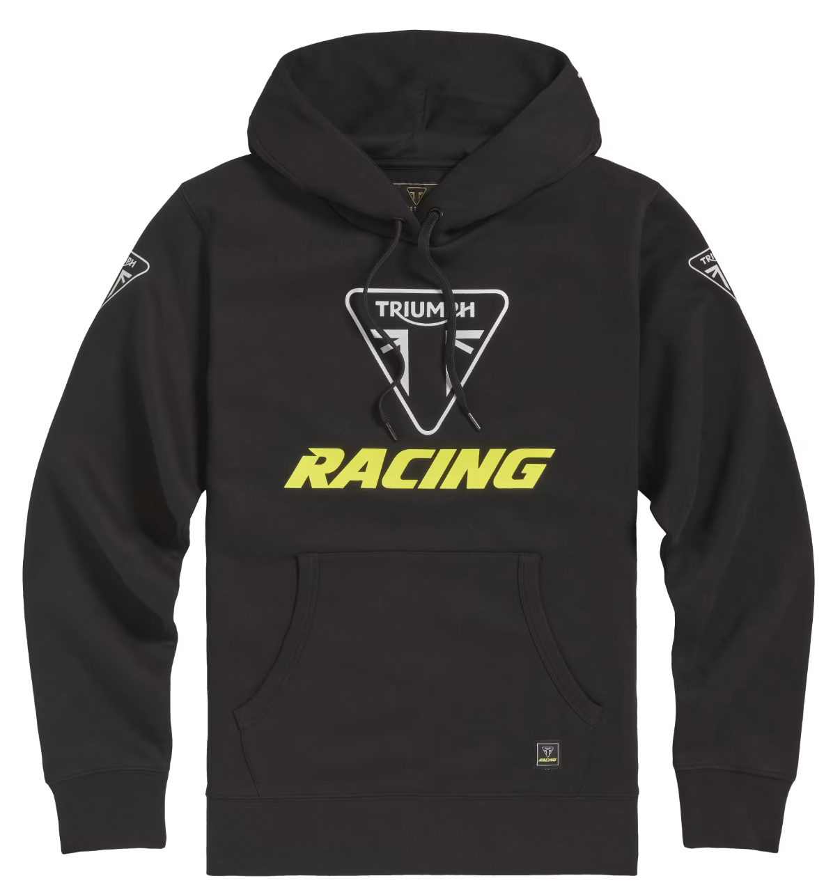 A black Triumph Racing pullover hoodie with a large white and yellow chest graphic, featuring the iconic Triomphe logo and 'RACING' text, on a plain white background.