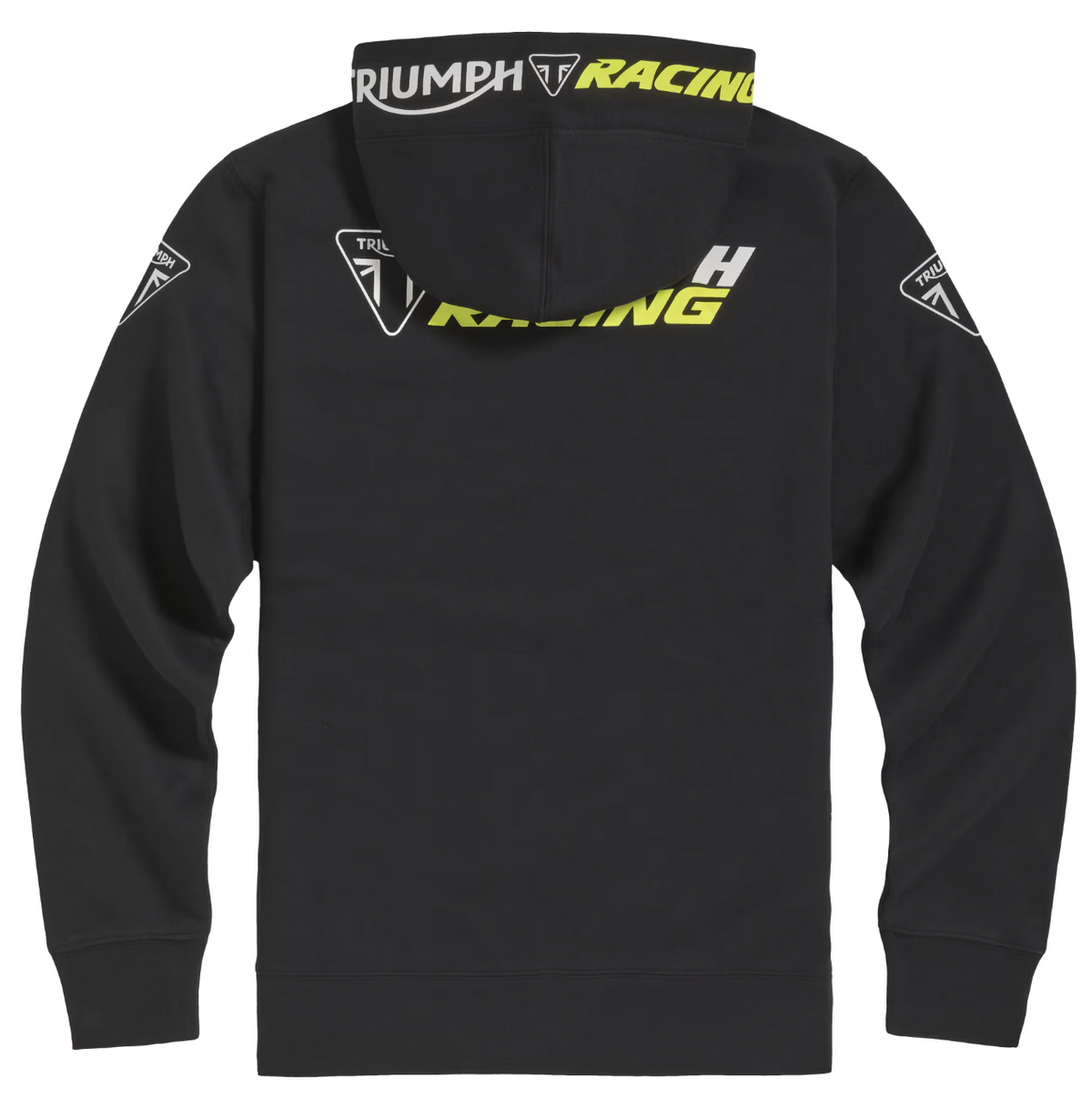 Black long-sleeve hoodie with 'TRIUMPH RACING' graphics in yellow and white on the hood, back, and sleeves, shown against a plain white background.