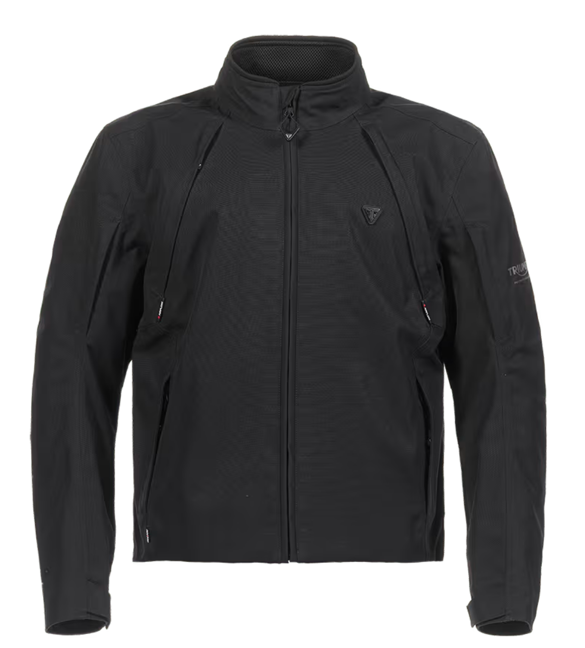 A black technical jacket with a stand-up collar, full-length front zipper, and zippered pockets, shown against a plain white background.