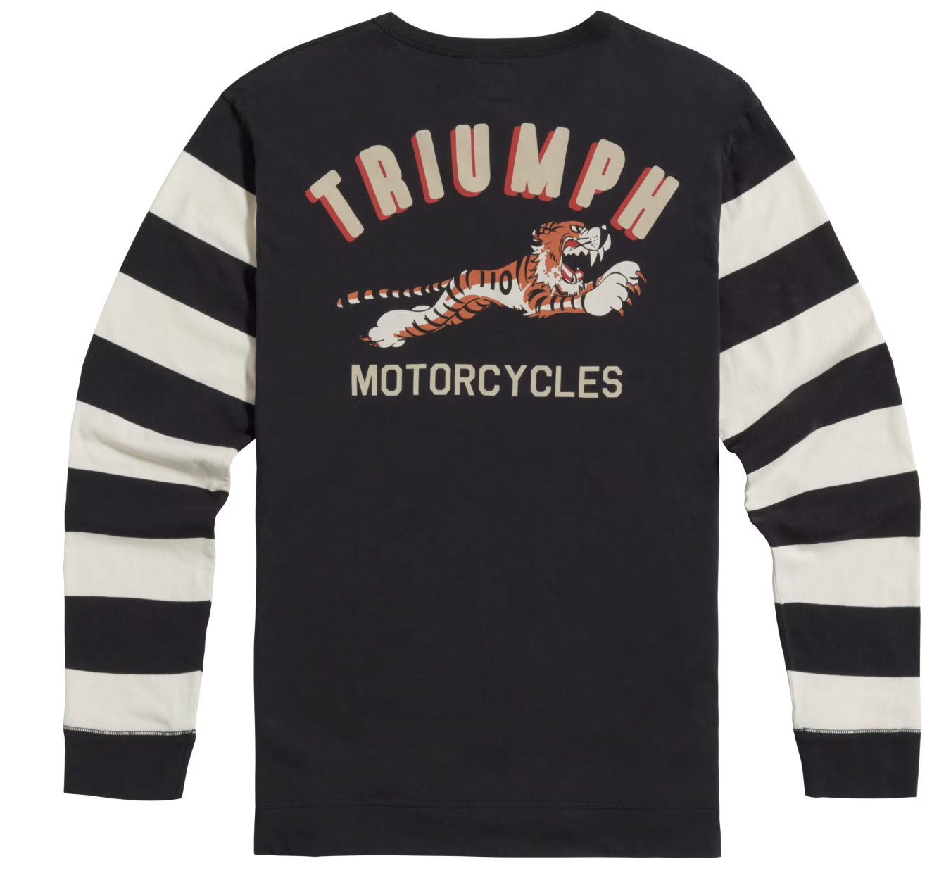 A black long-sleeve crewneck sweatshirt with cream and black horizontal stripes on the sleeves, featuring a large back graphic with the words 'TRIUMPH MOTORCYCLES' and an illustration of a tiger.