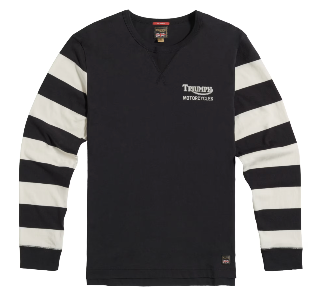A black long-sleeve crewneck shirt with cream and black horizontal stripes on the sleeves, featuring a white 'Trump's Motorcycles' logo on the left chest.