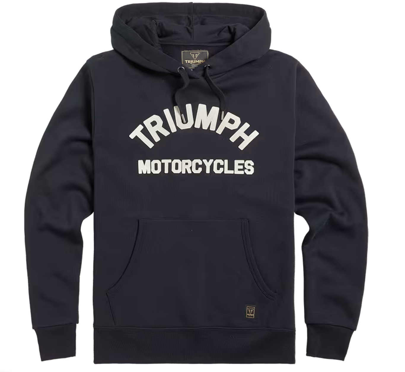 A dark navy blue pullover hoodie featuring 'TRIUMPH MOTORCYCLES' printed in white across the chest, with a drawstring hood and kangaroo pocket.