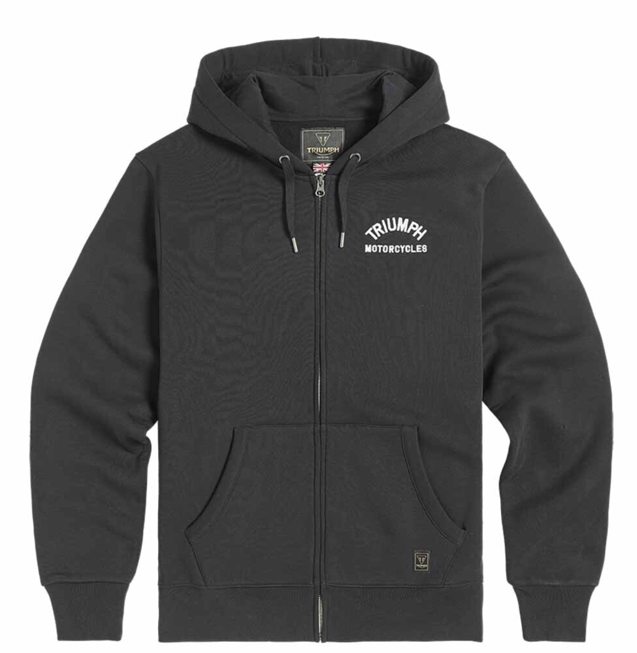 A dark charcoal gray zip-up hoodie with a white 'Triumph Motorcycles' logo printed on the left chest, displayed on a clean white background.