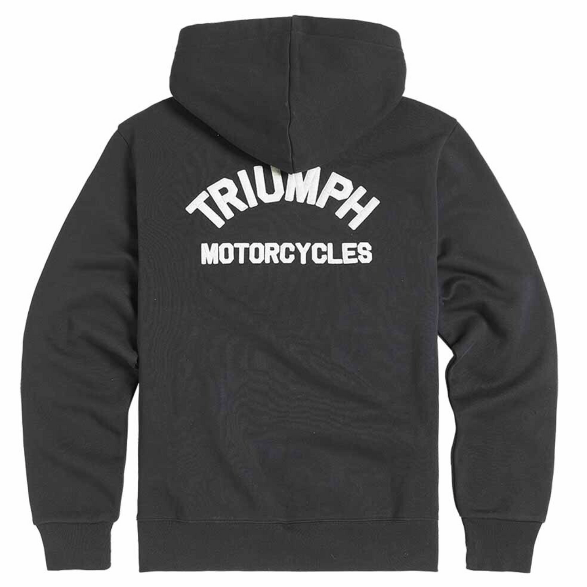 A black pullover hoodie shown from the back, featuring the words 'TRIUMPH MOTORCYCLES' printed in white across the upper back.