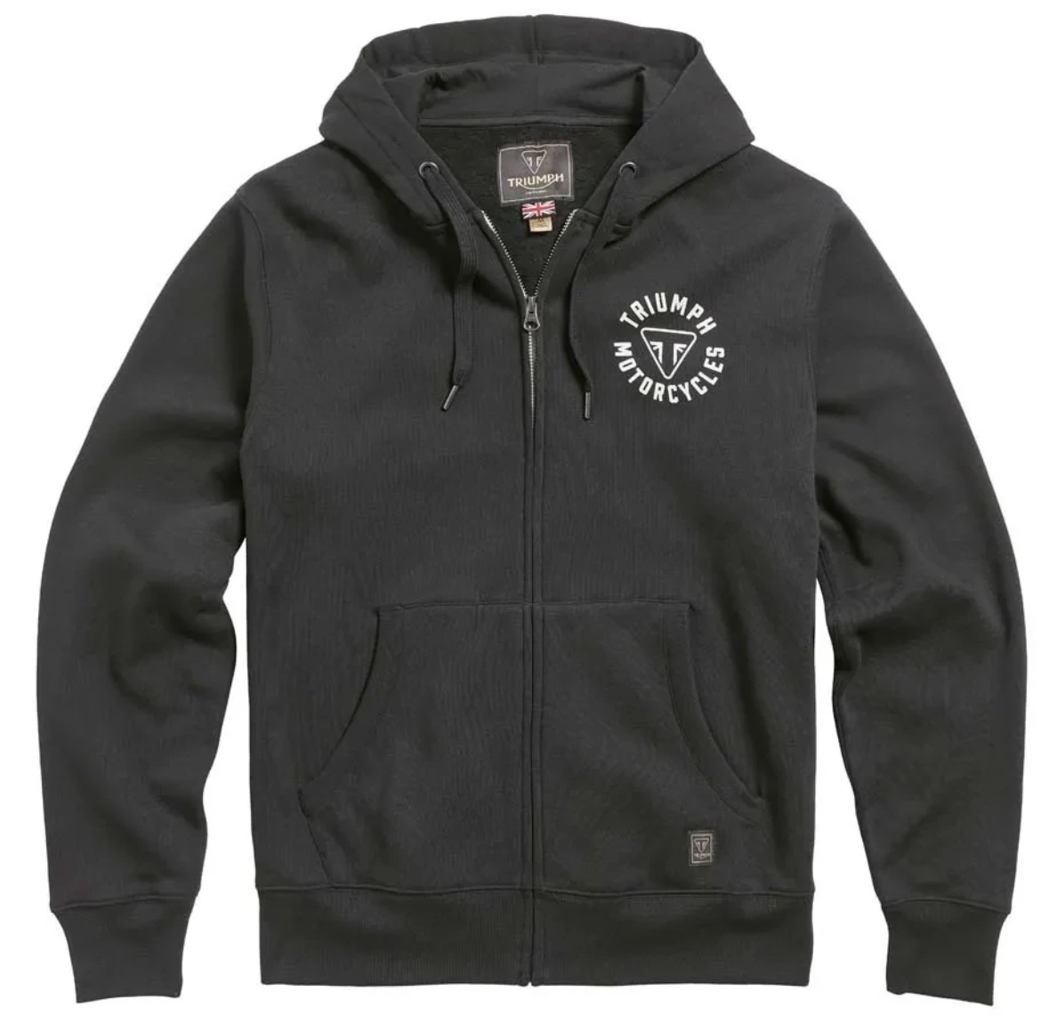 A black zip-up hoodie with a white circular 'Triumph Motorcycles' logo printed on the left chest, displayed on a clean white background.