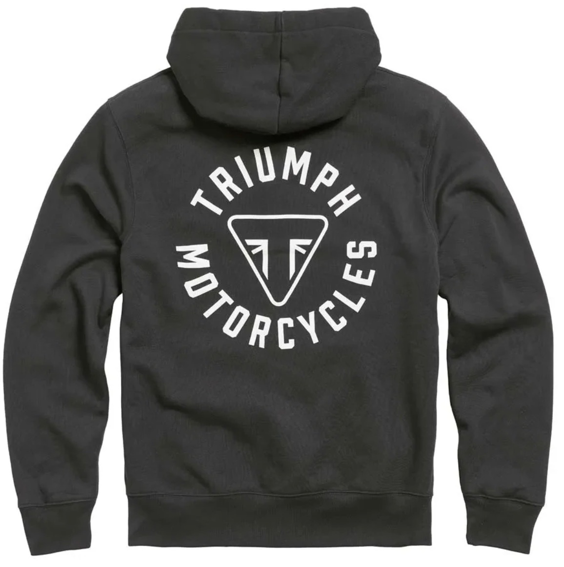 A dark charcoal gray hooded sweatshirt shown from the back, featuring a large white circular 'Triumph Motorcycles' logo with a central triangle emblem.