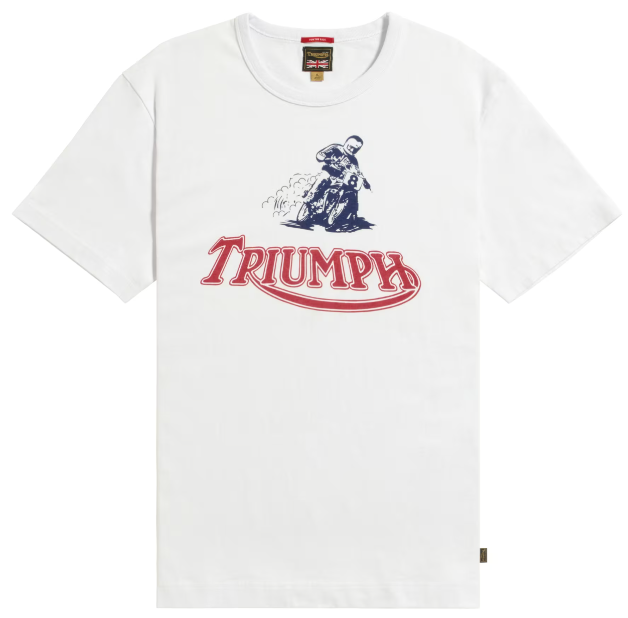 A white short-sleeve crewneck t-shirt featuring a graphic print of a cyclist on a motorcycle and the word 'Triumph' in red script across the chest.