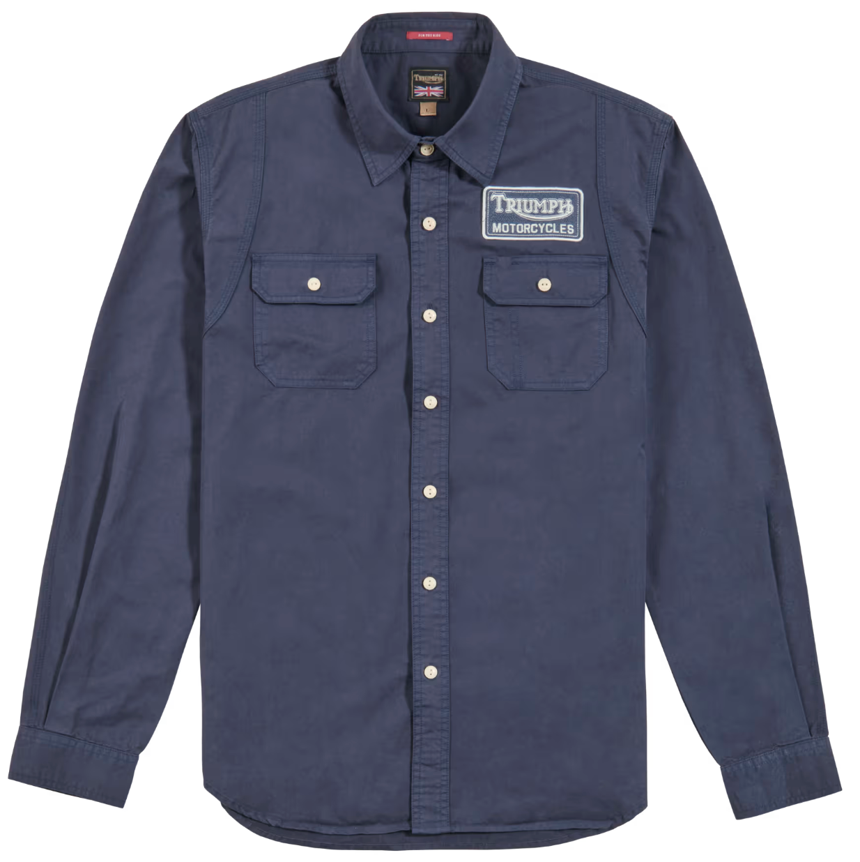 A navy blue long-sleeve button-up shirt with two chest pockets, featuring a 'Triumph Motorcycles' patch on the left chest, displayed on a clean white background.