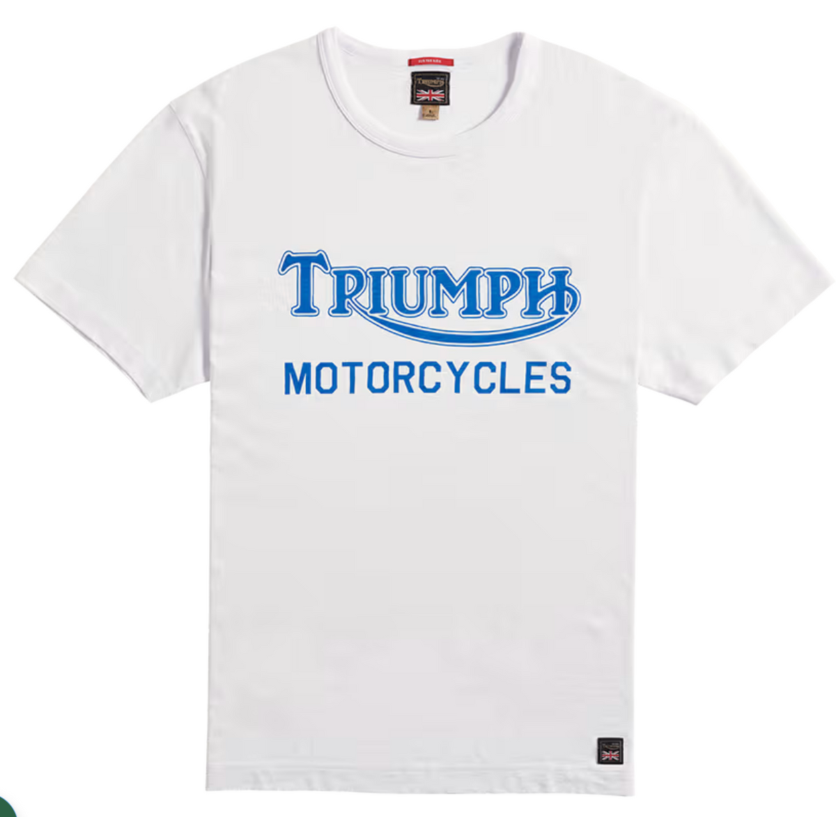 A white short-sleeve crewneck t-shirt featuring the blue 'Triumph Motorcycles' logo printed across the chest, displayed flat against a white background.