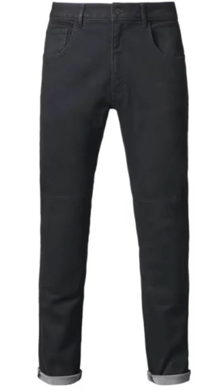 Black slim-fit jeans with rolled cuffs, shown flat against a white background.