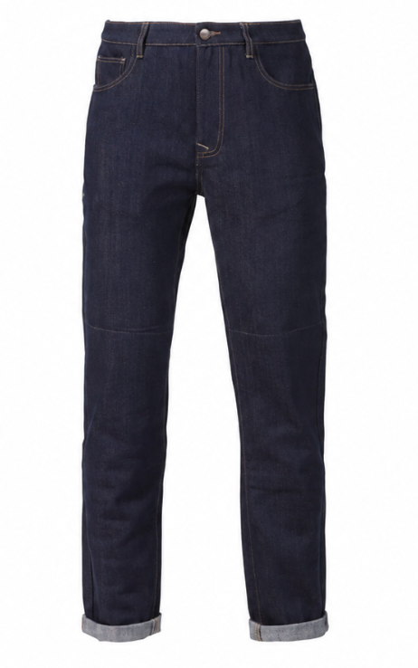 Dark indigo blue denim jeans with a straight-leg fit, featuring rolled cuffs and visible contrast stitching, shown against a plain white background.