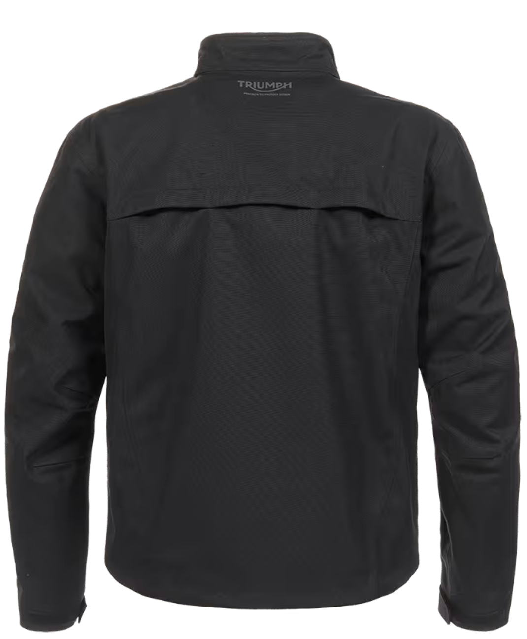 Black Triumph motorcycle jacket shown from the back, featuring a high collar and a subtle textured pattern, photographed against a solid white background.