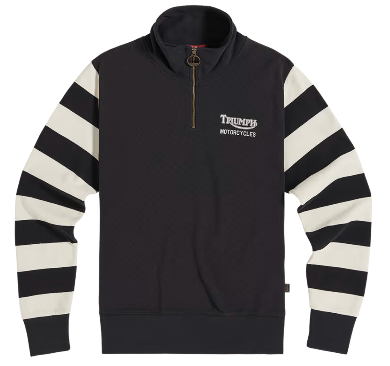 A black and cream striped quarter-zip pullover sweatshirt with 'TRIUMPH  MOTORCYCLES' printed in white on the left chest, displayed on a clean white background.
