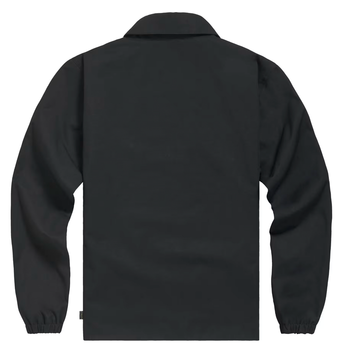 The back view of a black long-sleeve jacket with a pointed collar and elasticized cuffs, shown on a plain white background.