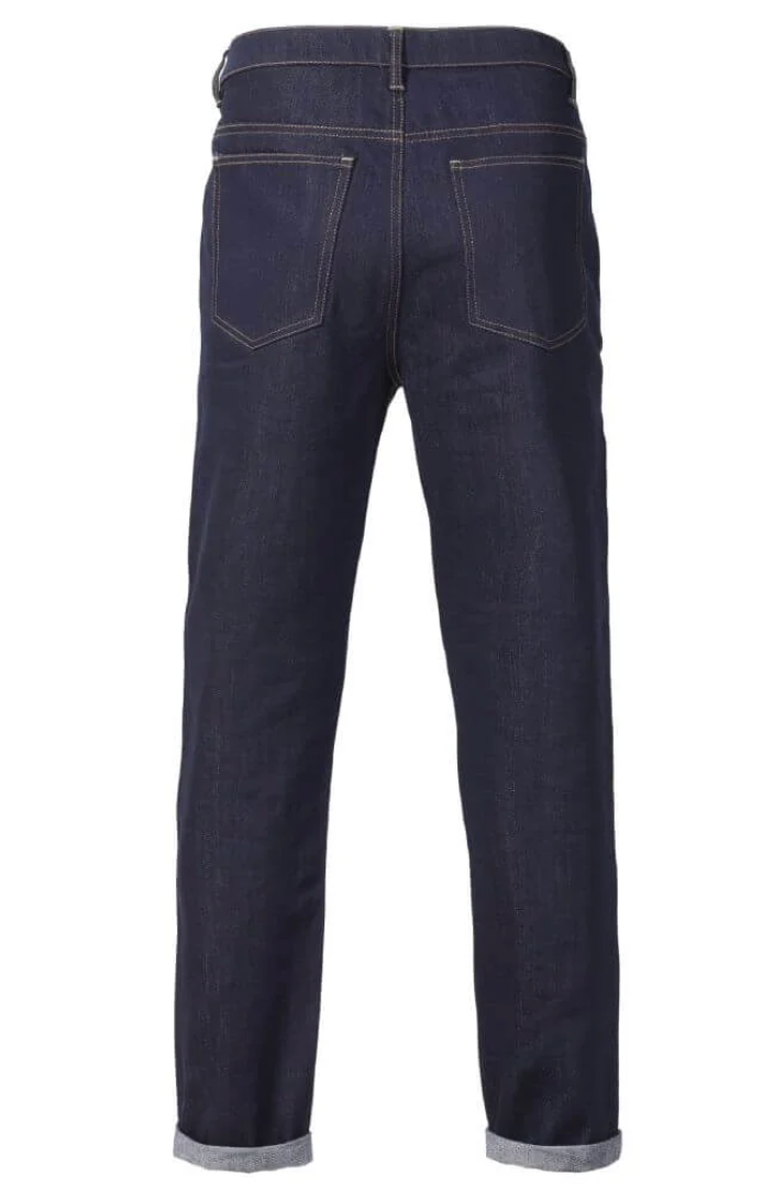Back view of dark indigo denim jeans with rolled cuffs, showing the back pockets and button closure on a white background.